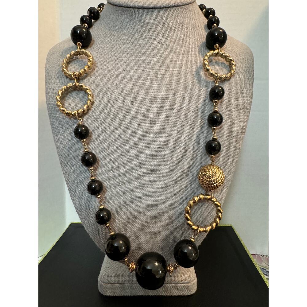 Stylish Necklace with Large Small Black Beads Large Goldtone Chain Links Balls